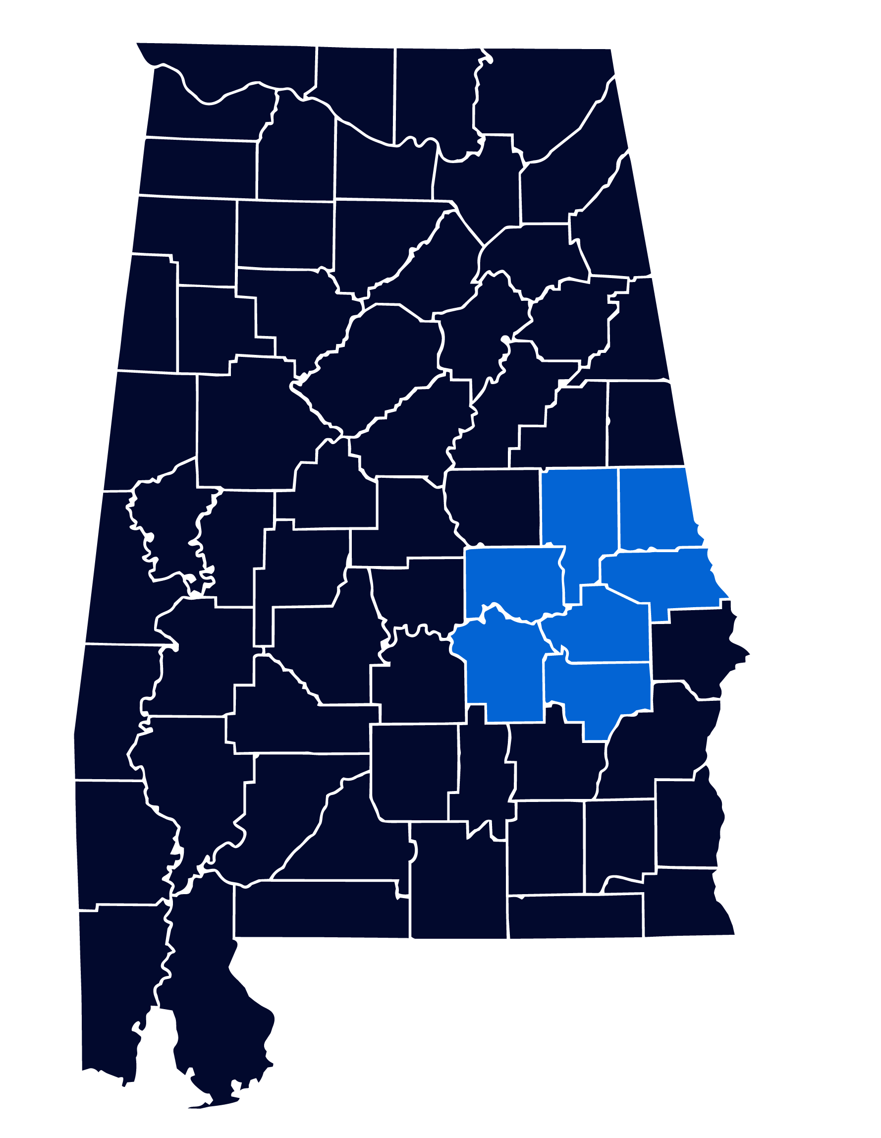 alabama-service-areas-LARGE Map of Alabama and its counties with the counties Go Pro Pest Control serves highlighted.